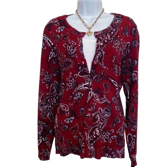 CROFT & BARROW Maroon Paisley Print Cardigan, M, NWT! - Picture 3 of 9